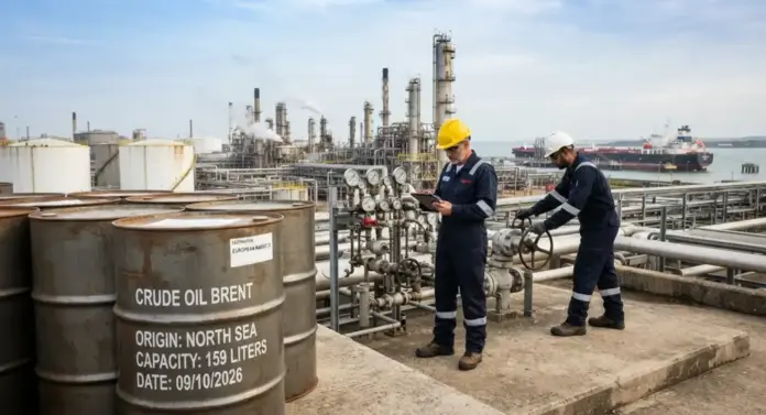 FOTOGRAFÍA. PUERTO DE LA CRUZ, VENEZUELA, VIERNES 9 DE OCTUBRE DE 2026. En primer plano, varios barriles metálicos de almacenamiento de crudo se alinean en los patios de la Refinería de Puerto La Cruz. Al fondo, operarios provistos de cascos y chalecos reflectantes monitorizan el paso del crudo por el entramado de tuberías e imponentes torres de fraccionamiento industrial. La escena ilustra el complejo y tenso equilibrio del sector de los hidrocarburos en una jornada de alta volatilidad internacional por los paros productivos forzados en Occidente y la inestabilidad en Oriente Próximo. IA/Lasvocesdelpueblo (Ñ Pueblo).