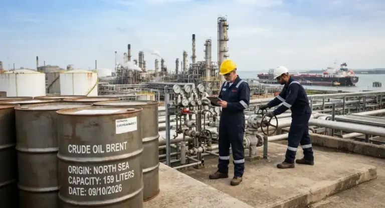 FOTOGRAFÍA. PUERTO DE LA CRUZ, VENEZUELA, VIERNES 9 DE OCTUBRE DE 2026. En primer plano, varios barriles metálicos de almacenamiento de crudo se alinean en los patios de la Refinería de Puerto La Cruz. Al fondo, operarios provistos de cascos y chalecos reflectantes monitorizan el paso del crudo por el entramado de tuberías e imponentes torres de fraccionamiento industrial. La escena ilustra el complejo y tenso equilibrio del sector de los hidrocarburos en una jornada de alta volatilidad internacional por los paros productivos forzados en Occidente y la inestabilidad en Oriente Próximo. IA/Lasvocesdelpueblo (Ñ Pueblo).