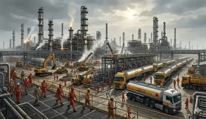 El barril de Brent resiste por encima de los 100 dólares tras la intervención del G7 FOTOGRAFÍA. CARTAGENA, 06 DE OCTUBRE DE 2026. Vista general y cercana del complejo industrial de la Refinería de Escombreras en Cartagena, la histórica infraestructura petroquímica peninsular operada por Repsol. La escena captura una intensa y tensa jornada laboral marcada por la actividad incesante ante las fluctuaciones del mercado del crudo. En un entorno de alto enfoque operativo, se aprecian varios obreros portando equipos de protección individual y chalecos reflectantes mientras supervisan las complejas líneas de distribución, válvulas y las imponentes torres de destilación. En las zonas de carga adyacentes a las estructuras metálicas, camiones cisterna pesados realizan maniobras de abastecimiento de carburantes listos para el transporte terrestre. IA/Lasvocesdelpueblo (Ñ Pueblo)