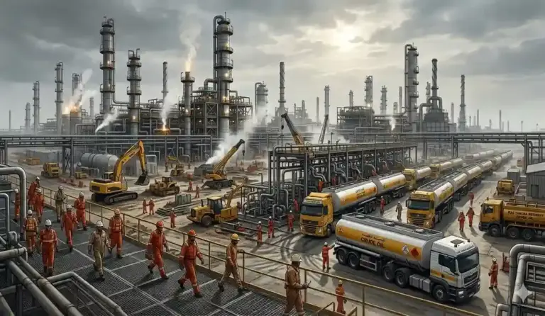 FOTOGRAFÍA. CARTAGENA, 06 DE OCTUBRE DE 2026. Vista general y cercana del complejo industrial de la Refinería de Escombreras en Cartagena, la histórica infraestructura petroquímica peninsular operada por Repsol. La escena captura una intensa y tensa jornada laboral marcada por la actividad incesante ante las fluctuaciones del mercado del crudo. En un entorno de alto enfoque operativo, se aprecian varios obreros portando equipos de protección individual y chalecos reflectantes mientras supervisan las complejas líneas de distribución, válvulas y las imponentes torres de destilación. En las zonas de carga adyacentes a las estructuras metálicas, camiones cisterna pesados realizan maniobras de abastecimiento de carburantes listos para el transporte terrestre. IA/Lasvocesdelpueblo (Ñ Pueblo)
