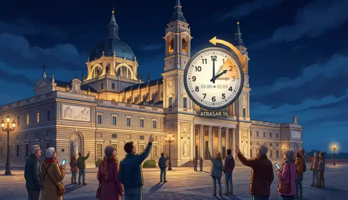 España atrasa el reloj de la madrugada del sábado al domingo entre el rechazo a la imposición de Bruselas FOTOGRAFÍA. TOLEDO, 23 DE OCTUBRE DE 2026. Espectadores observan desde la plaza la fachada iluminada de la Catedral de Toledo, cuyo reloj marca el instante en que la hora oficial retrocede de las 03:00 a las 02:00 horas para dar entrada al horario de invierno en toda España. Lasvocesdelpueblo (Ñ Pueblo)