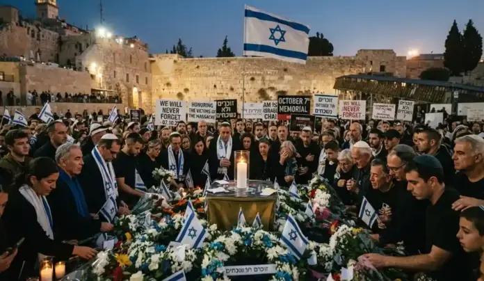 FOTOGRAFÍA. JERUSALÉN, 07 DE OCTUBRE DE 2026. Una imponente y conmovedora vela conmemorativa arde solemnemente al atardecer en la plaza del Muro de los Lamentos en Jerusalén, sirviendo de epicentro espiritual para el homenaje nacional a las víctimas del 7-O en su tercer aniversario. Al fondo de la escena, la bandera del Estado de Israel ondea con majestad y recogimiento bajo un cielo teñido de tonos anaranjados y púrpuras. Alrededor del punto de luz, una muchedumbre de patriotas israelíes de todas las edades y estamentos sociales se congrega en un ambiente de profundo luto, silencio y tristeza, depositando de forma ordenada coronas y flores de luto. Entre la multitud sobresalen carteles con letreros e inscripciones de memoria dedicados a los fallecidos en el pogromo y a la exigencia de justicia frente a la barbarie terrorista. IA/Lasvocesdelpueblo (Ñ Pueblo)