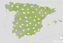FOTOGRAFÍA. BARCELONA (CATALUÑA) ESPAÑA, 16 DE OCTUBRE DE 2026. La Aemet avisa de tormentas fuertes en las Béticas y un bajón notable de los termómetros en el Cantábrico. Infograma de la Agencia Estatal de Meteorología (Aemet) sobre las previsiones meteorológicas para este viernes 16 de octubre de 2026 en toda España. Lasvocesdelpueblo (Ñ Pueblo)