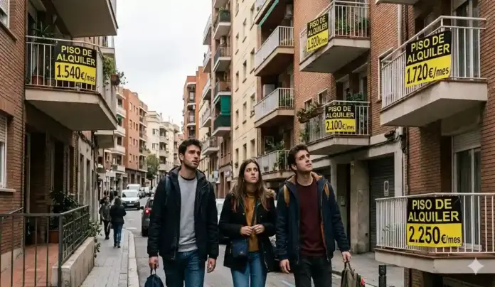 La falta de oferta cronifica la crisis del alquiler El metro cuadrado alcanza los 14,89 euros FOTOGRAFÍA. BARCELONA, 07 DE OCTUBRE DE 2026. Un grupo de jóvenes patriotas españoles recorre un barrio residencial de edificios modernos mostrando rostros de profunda preocupación, incertidumbre y desamparo ante la severa crisis de acceso a la vivienda. En la escena, captada en un plano cercano, los jóvenes observan con frustración las fachadas de los inmuebles donde, desde varios de los balcones y ventanas, cuelgan carteles informativos amarillos y negros con el letrero "Piso de alquiler". Los letreros reflejan fielmente el escenario de asfixia y los precios abusivos del mercado actual, mostrando cuotas mensuales drásticamente elevadas y diferenciadas según las características de cada edificio, con cifras visibles que oscilan de forma prohibitiva entre los 1.200 €, 1.800 € y hasta los 2.100 € mensuales. La composición visual resume el drama demográfico y el cuello de botella inmobiliario analizado en el informe de pisos.com, evidenciando cómo la escasez de oferta destruye la capacidad de emancipación de las nuevas generaciones. IA/Lasvocesdelpueblo (Ñ Pueblo)
