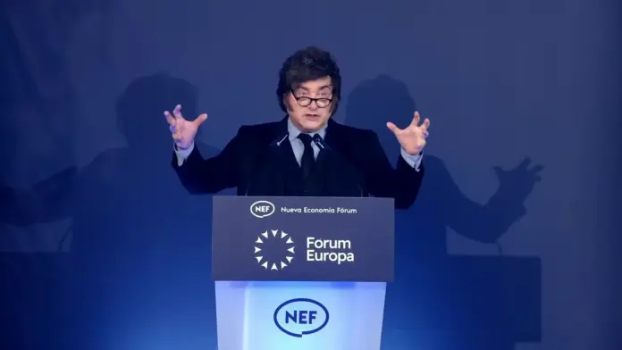FOTOGRAFÍA. MADRID, 21 DE OCTUBRE DE 2026. El presidente de la República Argentina y líder de la formación patriota La Libertad Avanza, Javier Gerardo Milei, ha intervenido en el Nueva Economía Forum 2026, celebrado en el Real Casino Gran Círculo de Madrid. EFE