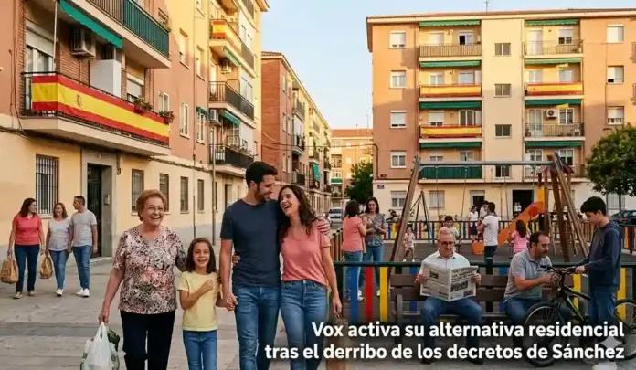 Vox activa su alternativa residencial tras el derribo de los decretos de Sánchez FOTOGRAFÍA. ESPAÑA, 04 DE OCTUBRE DE 2026. Vista general de un barrio obrero español en un ambiente de convivencia familiar y optimismo comunitario tras el vuelco político parlamentario. En primer término, las familias caminan sonrientes compartiendo escenas cotidianas mientras los niños juegan en el parque infantil integrado entre los edificios residenciales. Las fachadas de las viviendas lucen de manera visible banderas de España en las entradas de las terrazas y balcones, reflejando el arraigo y la estabilidad vecinal que proyecta el plan de prosperidad familiar de la formación patriota. Lasvocesdelpueblo (Ñ Pueblo)